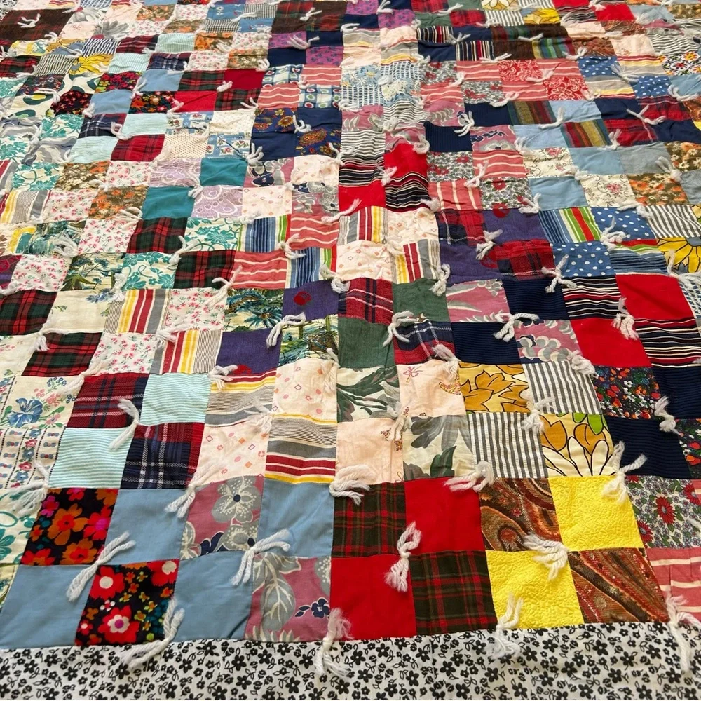 Vintage Handmade “Postage Stamp” Patchwork Quilt Multicolor Bedcover#0215265